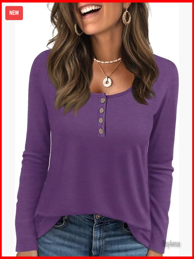 Womens Long Sleeve Henley Loose Casual T Shirts Fall Fashion Trendy